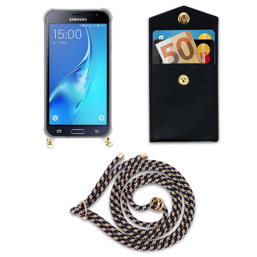 Smartphone con custodia, portafoglio con carte e banconota, cordino.