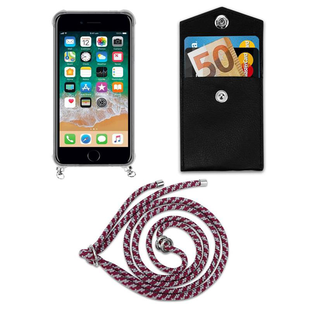 iPhone con custodia, portafoglio nero con soldi e carta, cinturino