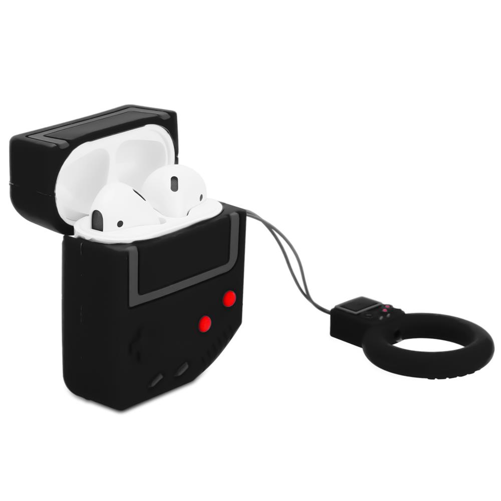 Schwarzes Gameboy-Etui für AirPods mit weißen Ohrhörern und Trageband.