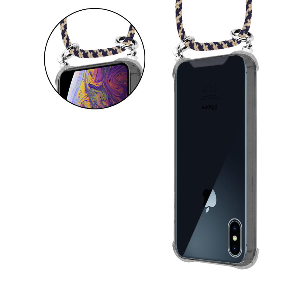 Ein transparentes iPhone-Gehäuse mit einem bunten Umhängeband. Nahaufnahme des Bildschirms.