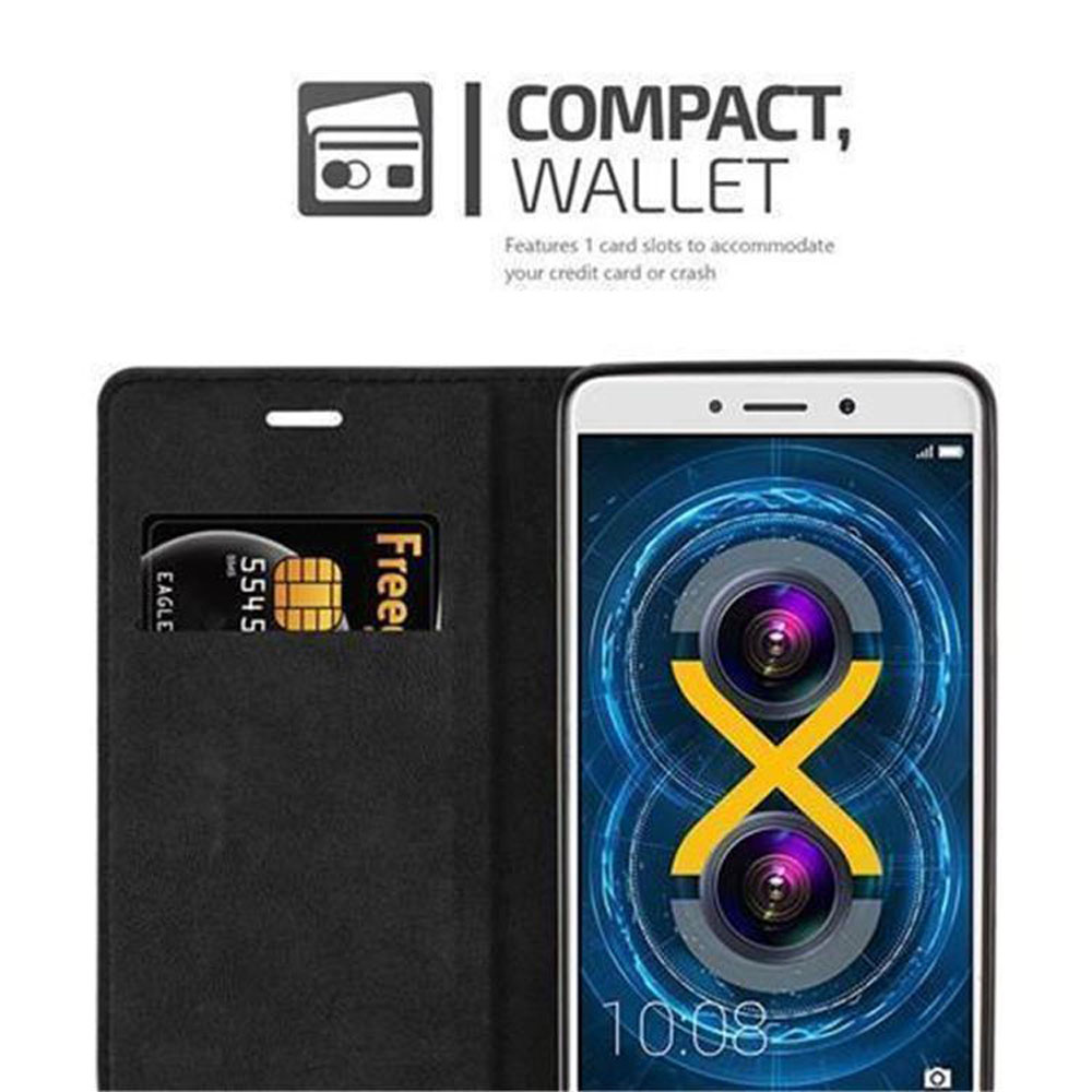 Custodia a portafoglio nera con carta e smartphone che mostra un'icona fotocamera.