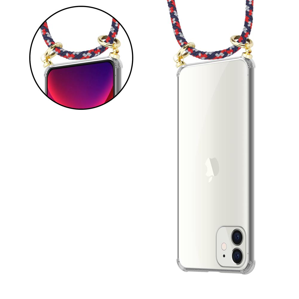 Custodia trasparente per telefono con laccetto intrecciato rosso, blu e grigio.