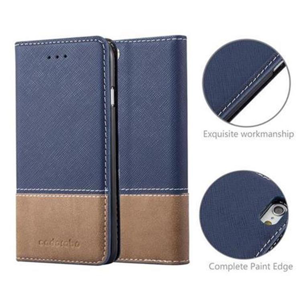 Funda de móvil azul y marrón con costuras y logo.