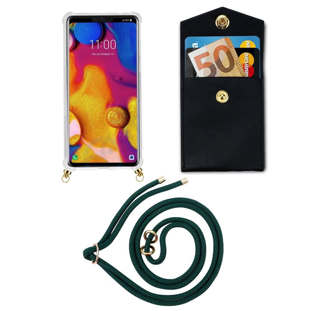 Smartphone mit Hülle, schwarzes Etui mit Geld und Karten, grüne Kordel.