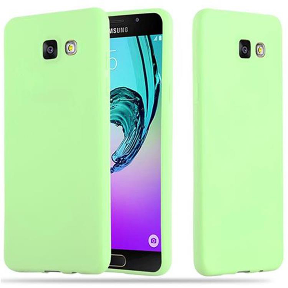 Tre custodie per telefono verde chiaro. Una frontale, una laterale, una con schermo.