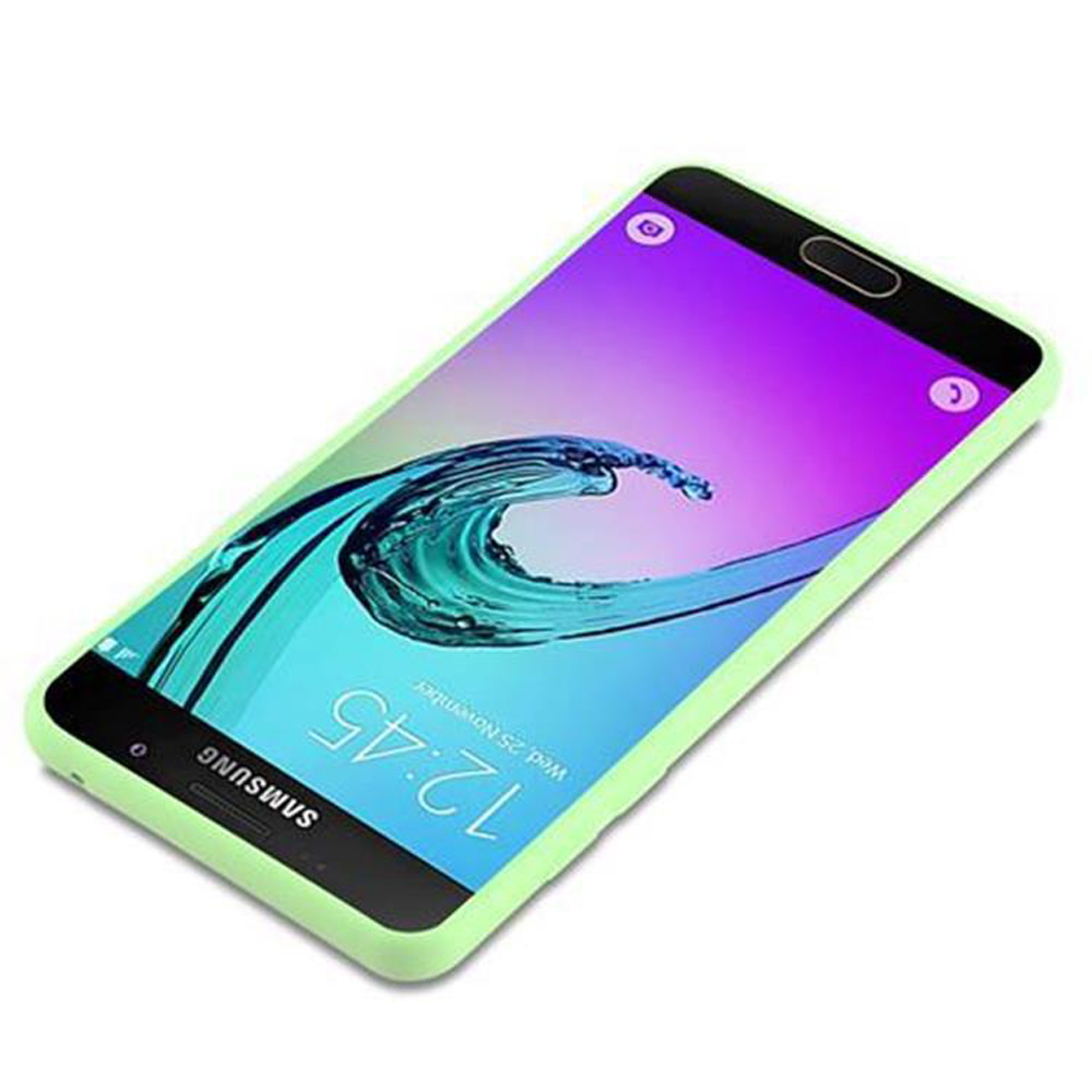 Un telefono Samsung con custodia verde chiaro che mostra le 12:45 e un'onda.