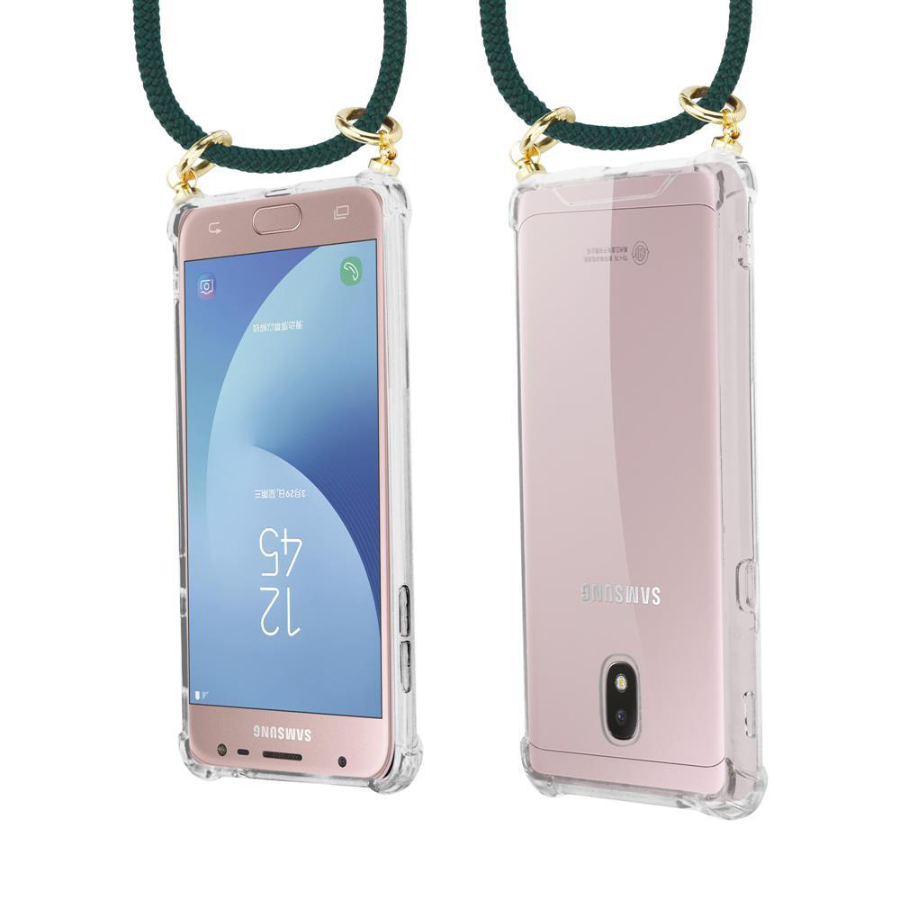 Due telefoni Samsung rosa in custodie trasparenti, con laccetti.