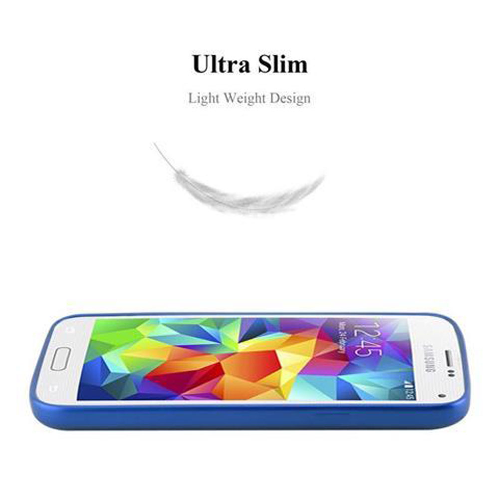 Blaues Smartphone mit buntem Bildschirm und Feder darüber.