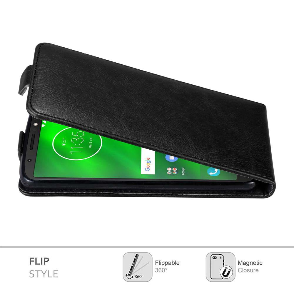 Custodia a libro nera in pelle con chiusura magnetica che mostra uno schermo di smartphone.
