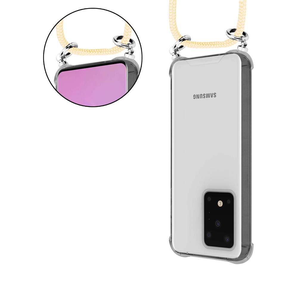 Custodia trasparente per fotocamera con cinturino attaccato a un telefono Samsung bianco.