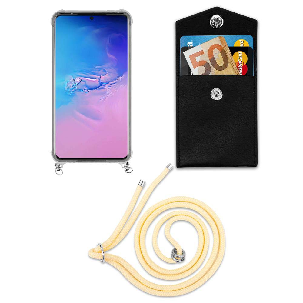 Uno smartphone in custodia, una tasca nera con 50€ e carta, e un laccio.