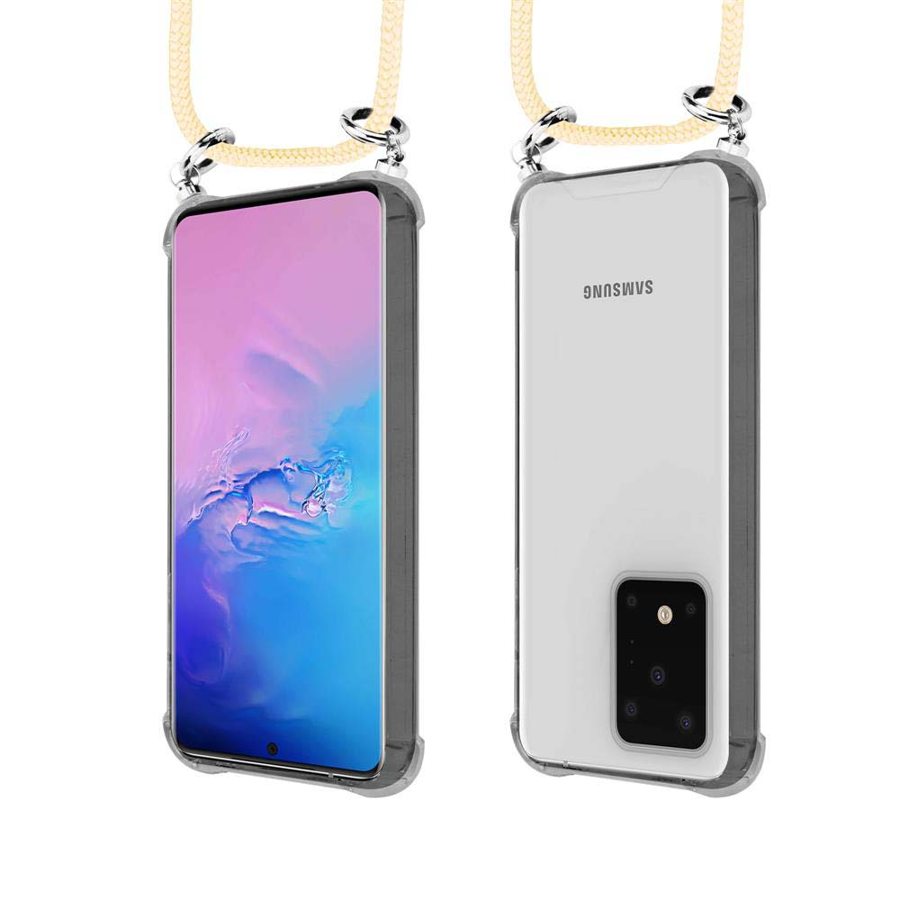 Un telefono trasparente con laccetto, vista frontale e posteriore.