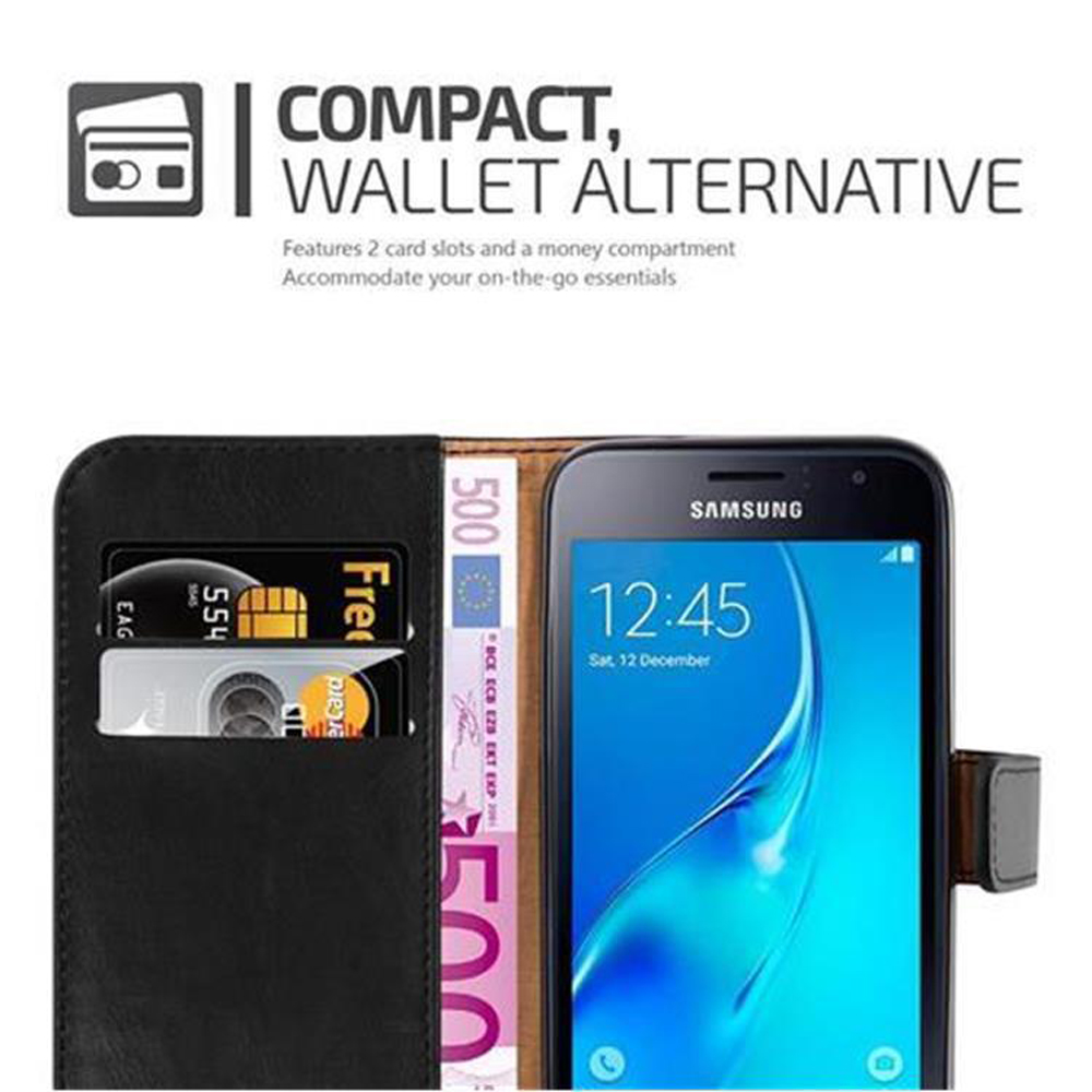 Custodia a portafoglio nera con smartphone Samsung, carte e banconote.