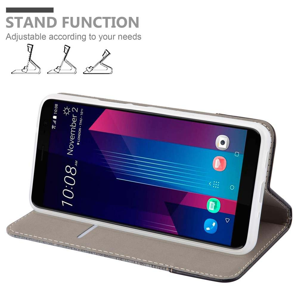 Smartphone in custodia grigia con funzione di supporto, mostra tre angoli.