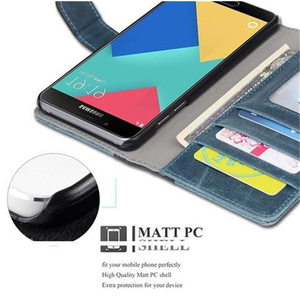Una cartera móvil azul con un smartphone, tarjetas y texto.