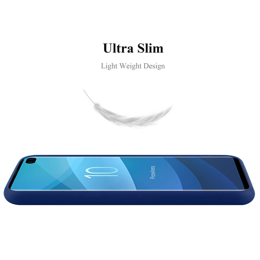 Schlankes Smartphone in dunkelblauer Hülle mit Feder-Symbol
