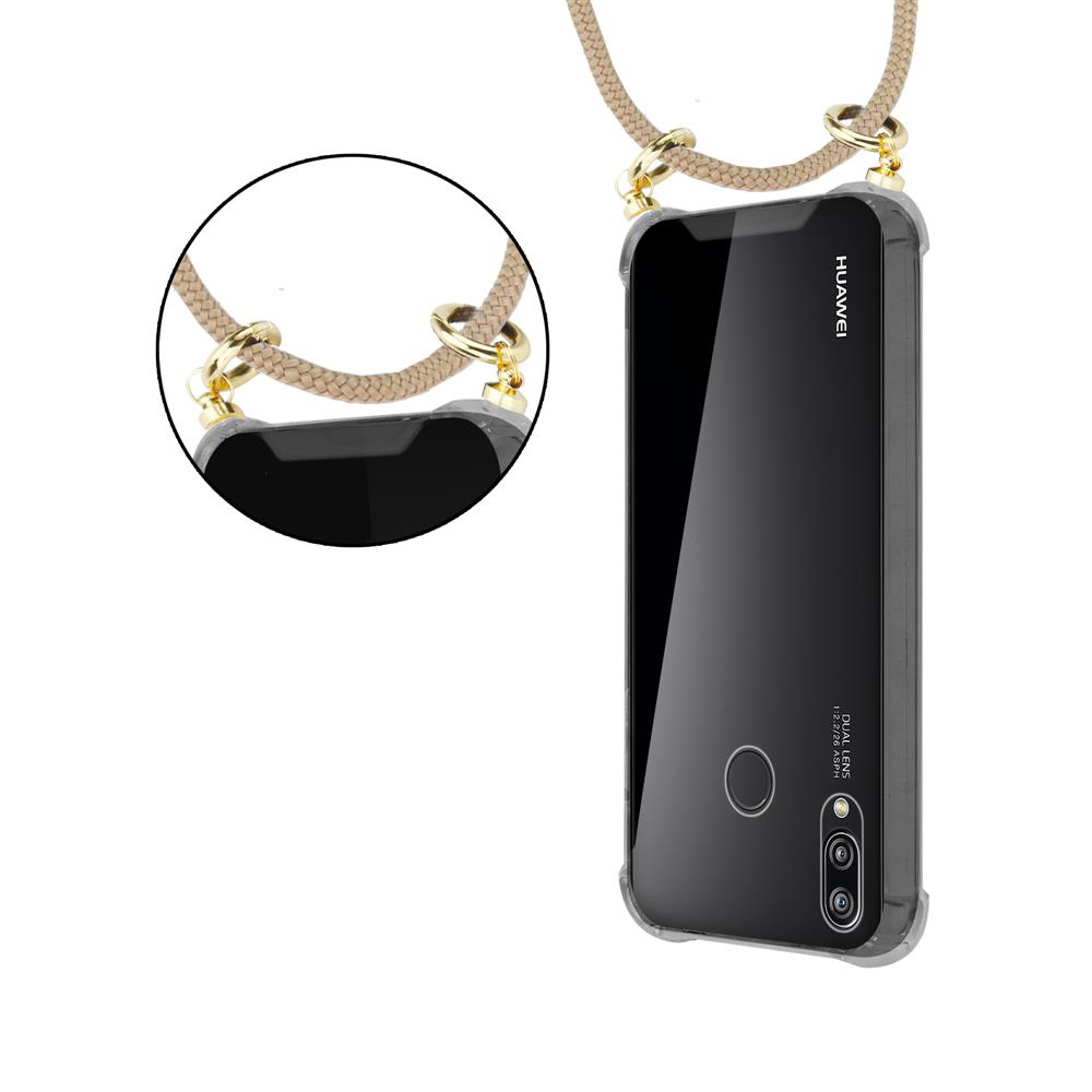 Uno smartphone Huawei nero con un cordino attaccato alla sua custodia.