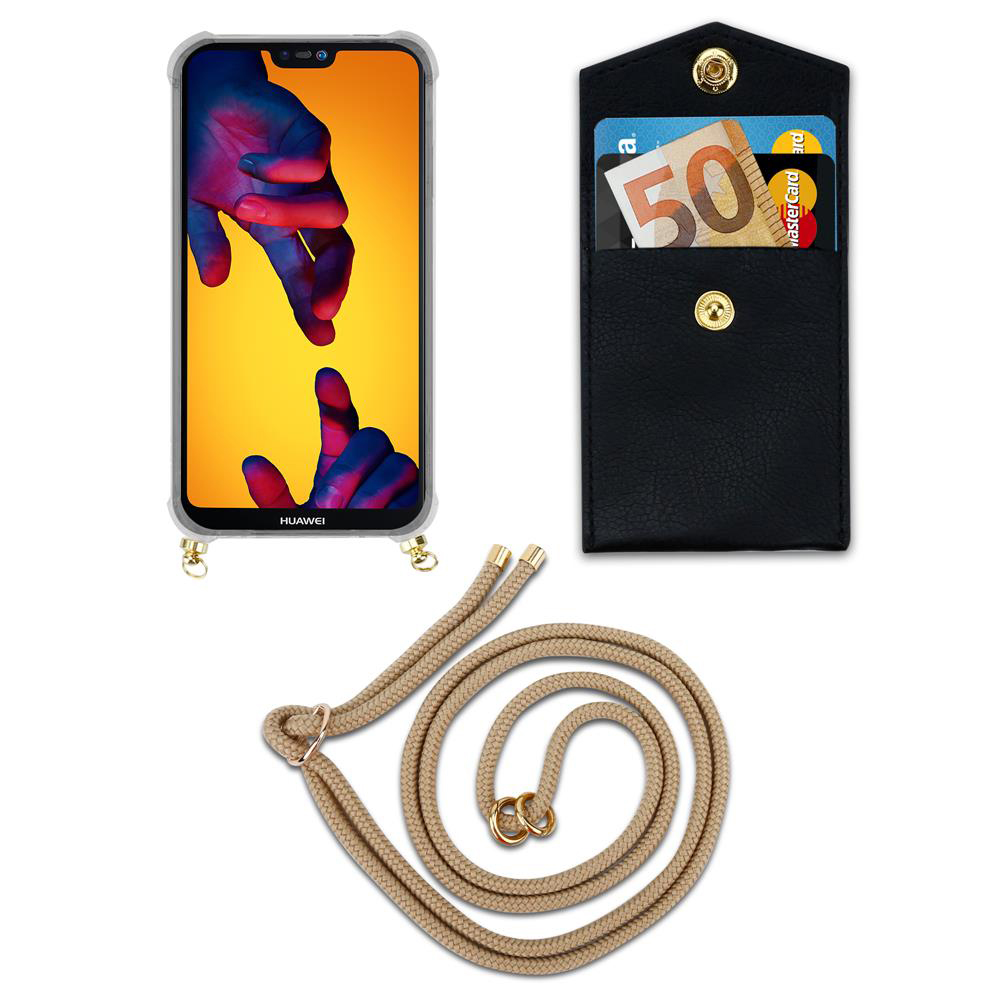 Smartphone con schermo colorato, portafoglio nero con carte e contanti, cordino beige.