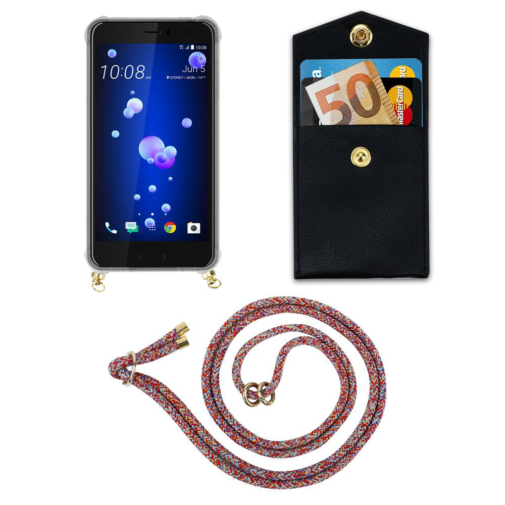 Smartphone mit Hülle, Geldbeutel mit Karten und Euro, und Lanyard auf weißem Grund.