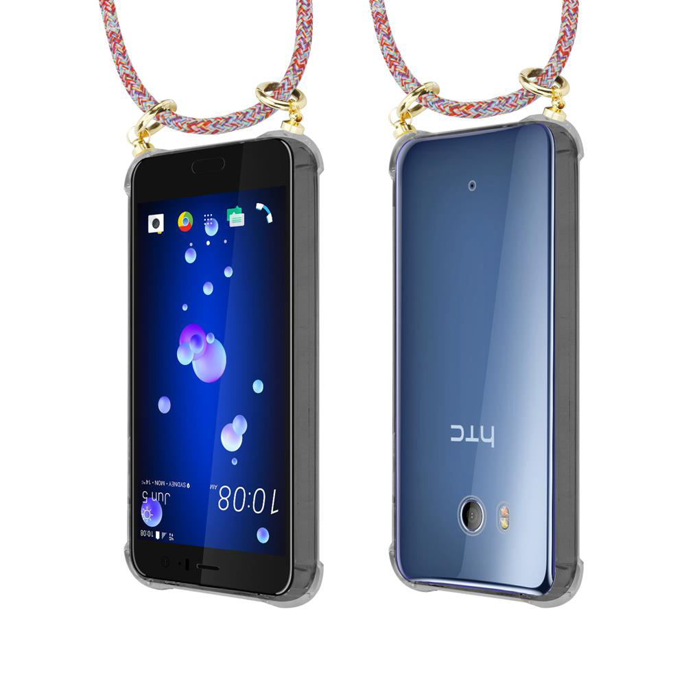 Zwei HTC-Smartphones mit Displaysperre, eines zeigt den Startbildschirm, das andere die Rückseite.