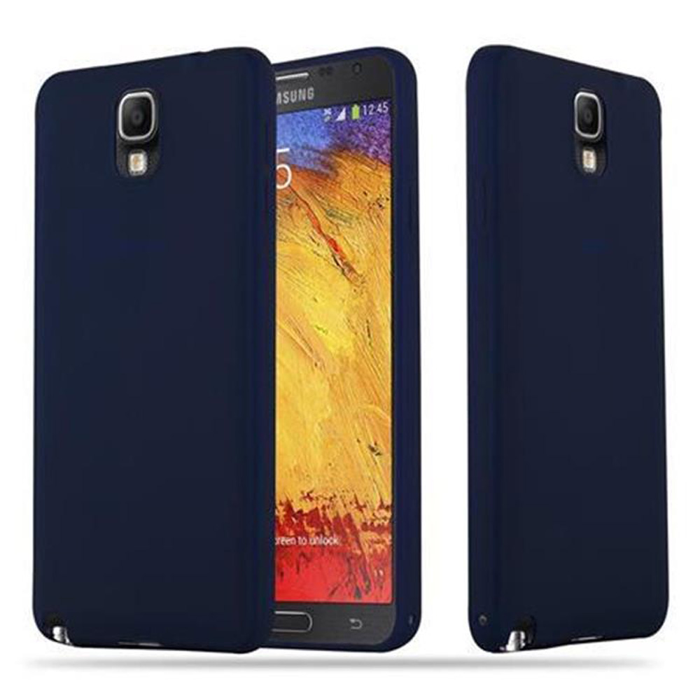 Tres fundas de teléfono azul marino, una abierta mostrando pantalla, dos cerradas.