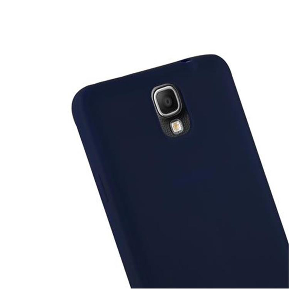 Funda de teléfono azul oscuro con recorte de cámara y flash.