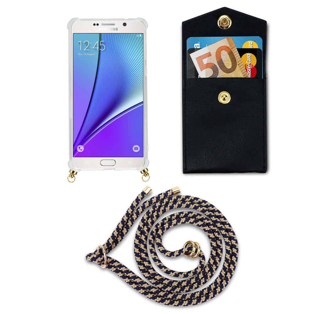 Smartphone in custodia, portafoglio con soldi e carte, cordino.