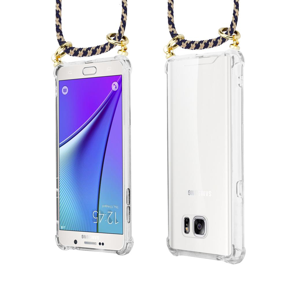 Due smartphone in custodie trasparenti con laccetti, viste frontale e posteriore.