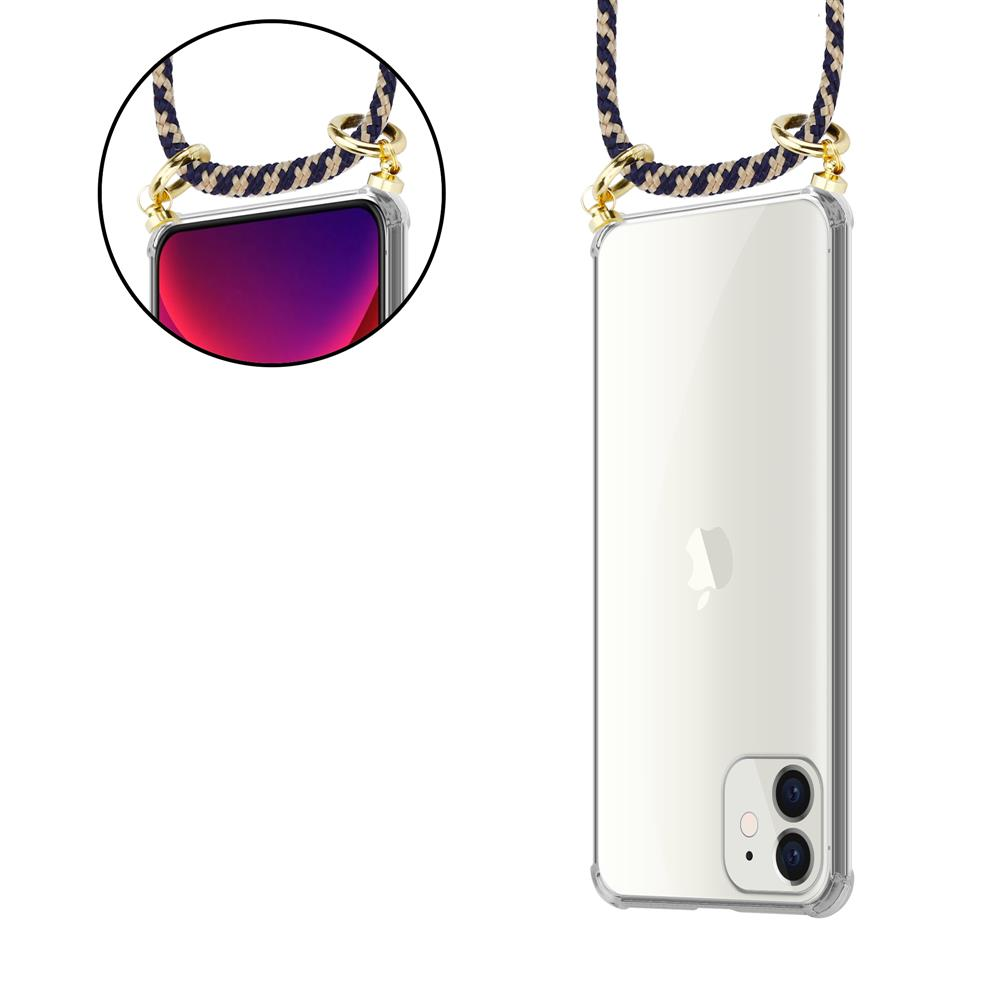 Custodia trasparente per telefono con cinturino a fantasia blu e oro.