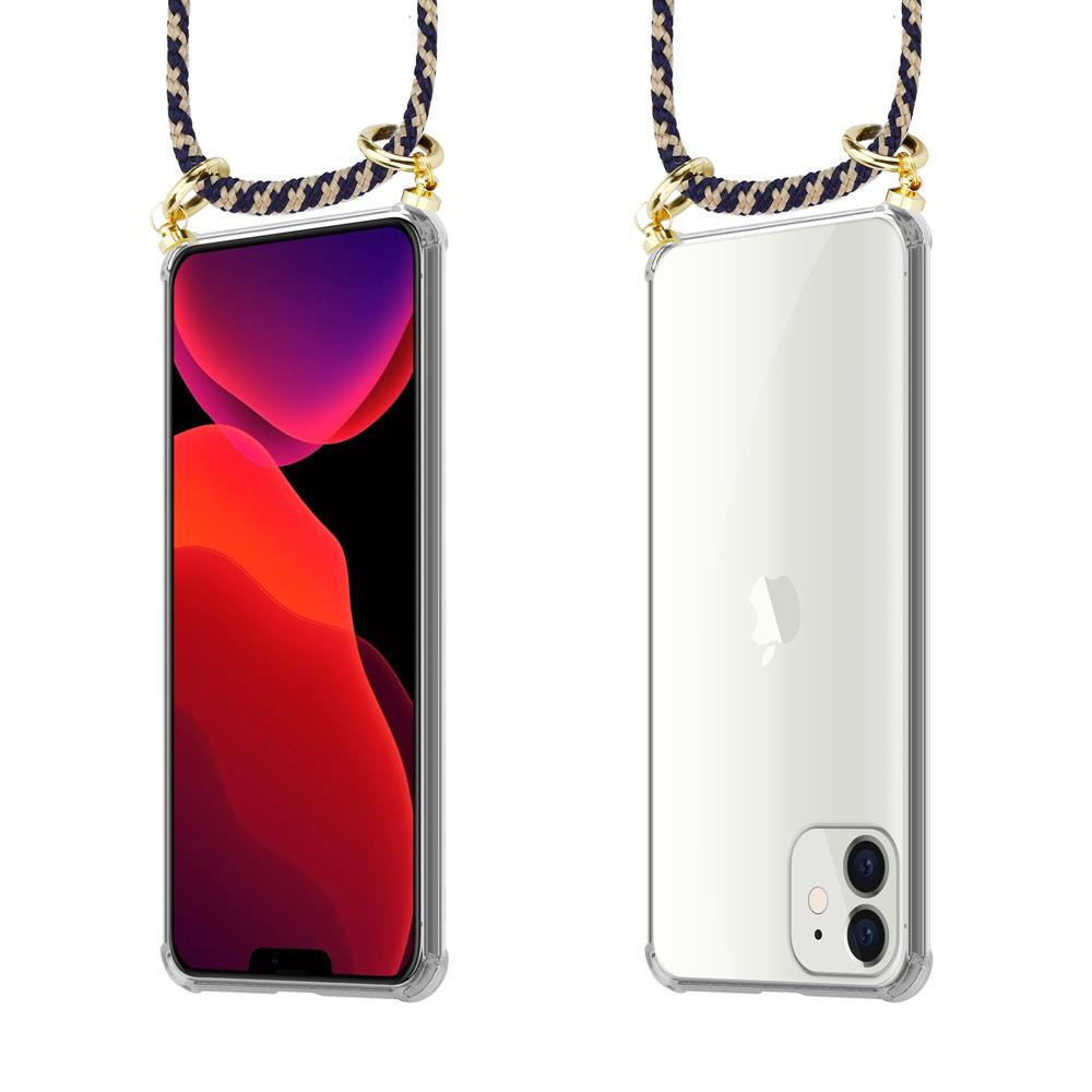 iPhone con laccetto: vista frontale e posteriore. Custodia trasparente, laccetto blu oro.