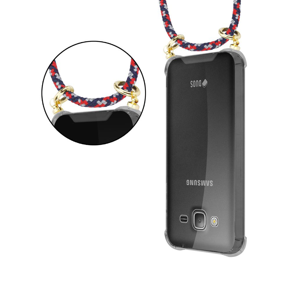 Un telefono Samsung con un laccetto fatto di corda rossa, blu e bianca.