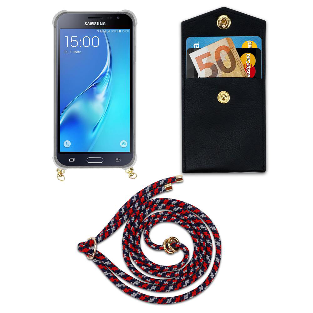 Smartphone in custodia, porta carte con soldi e carte, e un cordino.