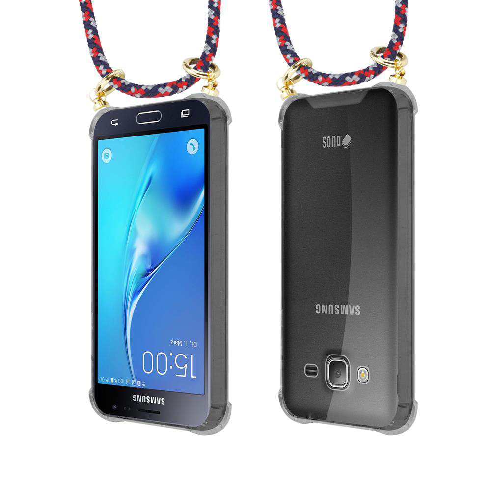 Uno smartphone in custodia trasparente con cordino, mostrato fronte e retro.