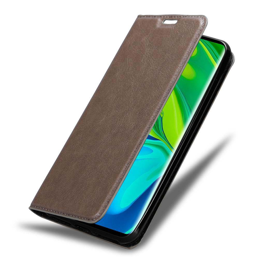 Custodia in pelle marrone per telefono con flip aperto, schermo visibile.