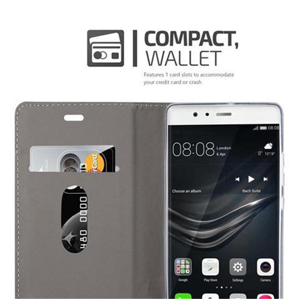 Graues Wallet-Case mit Handy. Eine Karte steckt in einem Schlitz.