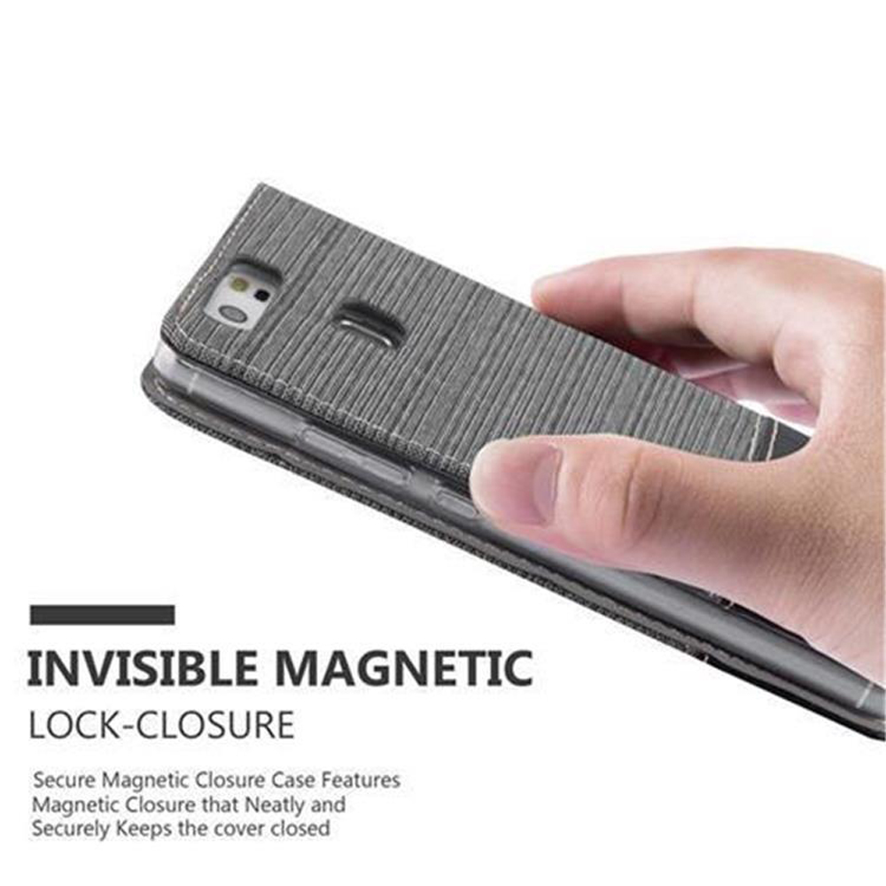 Graue Handyhülle mit magnetischem Verschluss, von Hand gehalten.