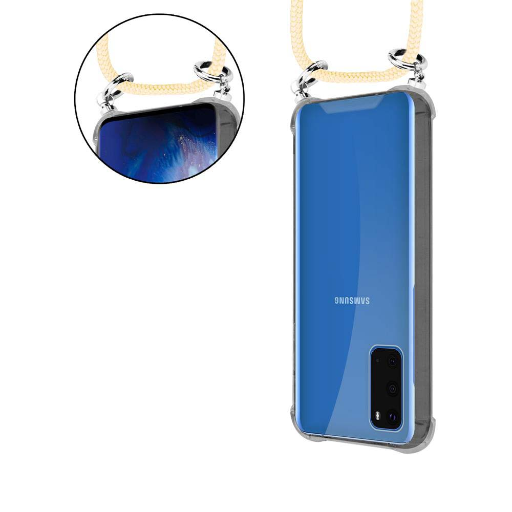 Un telefono Samsung blu in custodia trasparente con cordino.