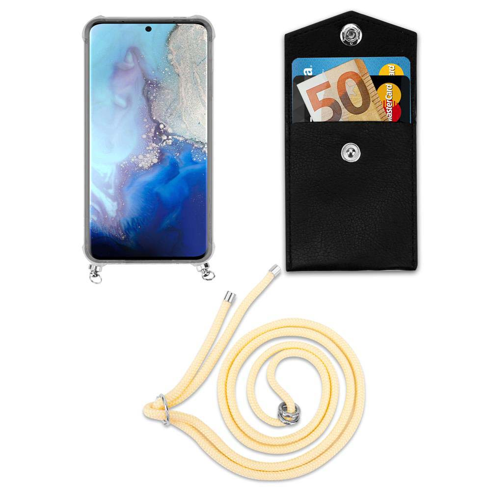 Uno smartphone in custodia, un portafoglio nero con banconota da 50 euro e carta, e cordino giallo.
