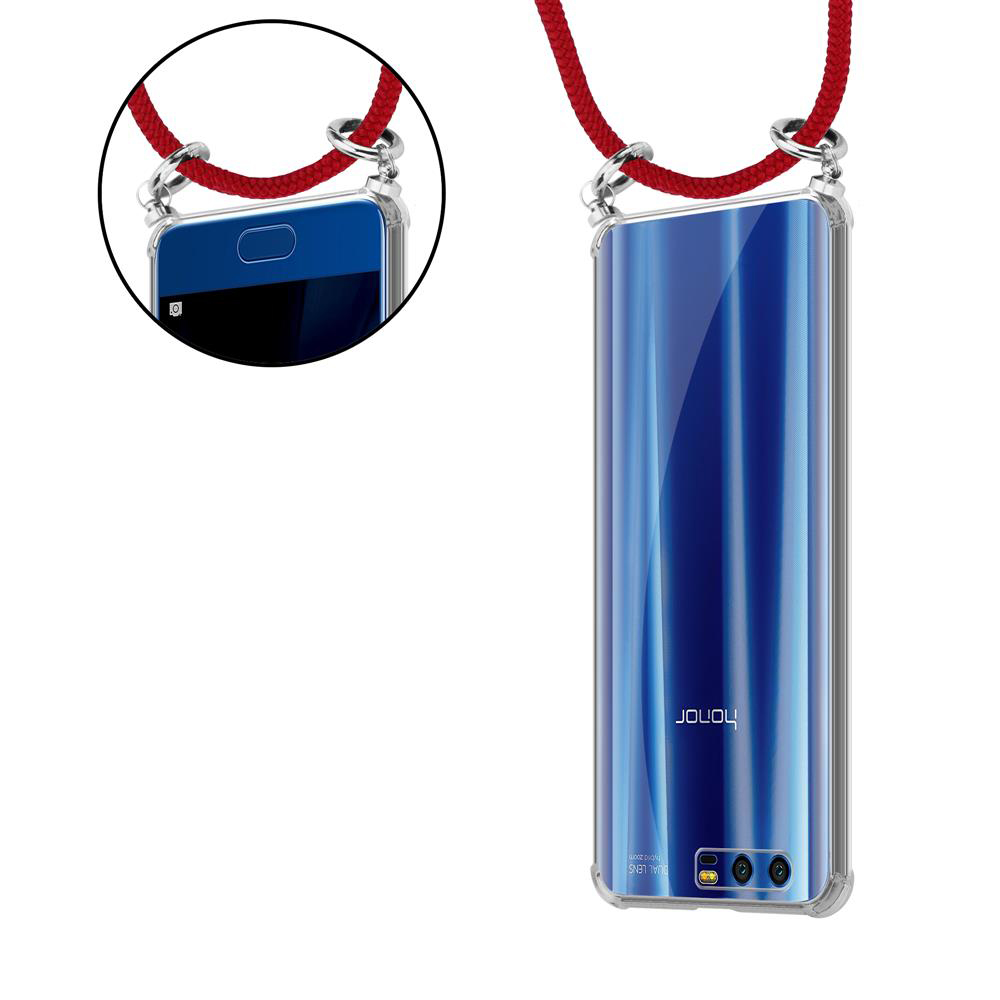 Ein Smartphone mit blauem Streifenmuster in einer transparenten Hülle mit rotem Band.