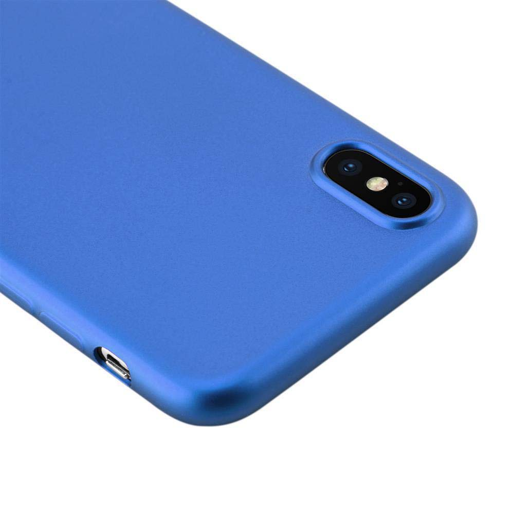 Custodia blu per telefono con ritaglio fotocamera e pulsante laterale.