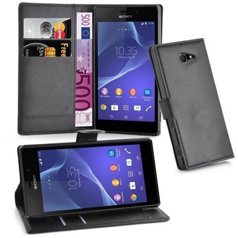 Un smartphone Sony en una funda de cuero gris que contiene dinero y tarjetas.