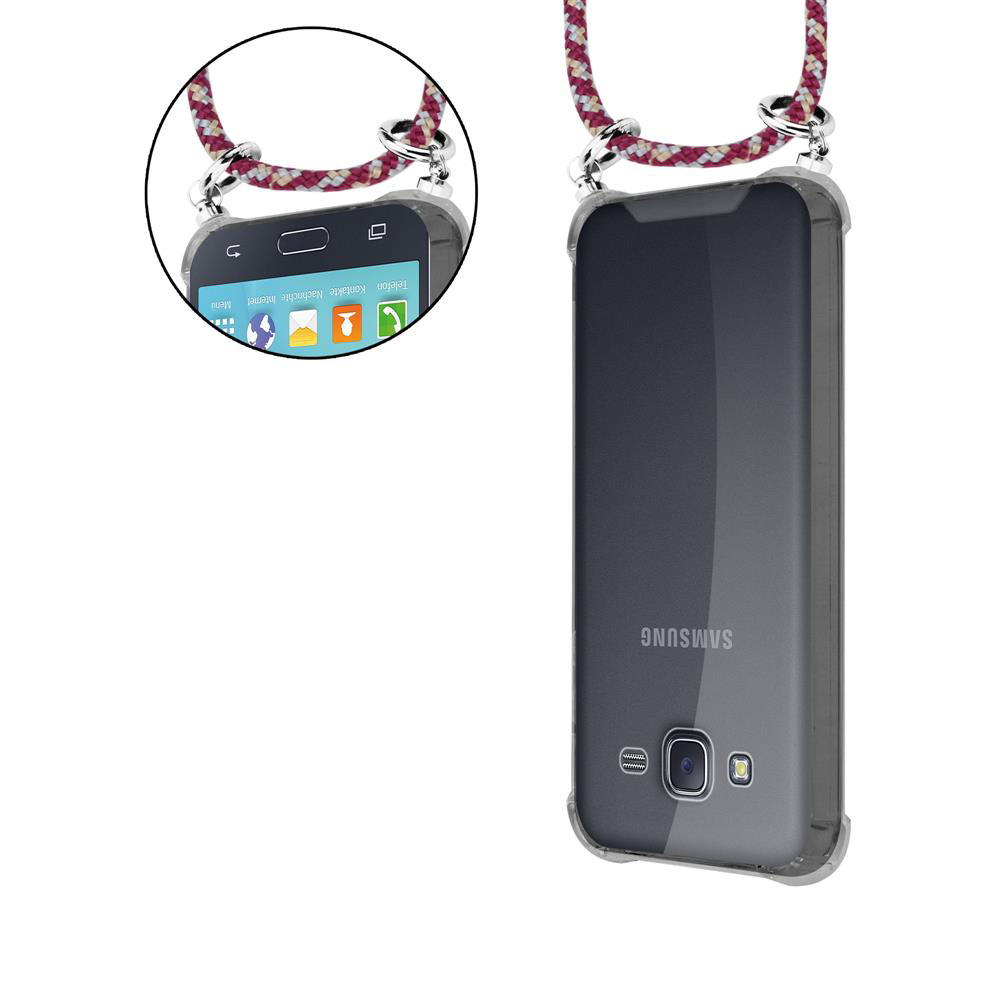 Ein Smartphone in einer transparenten Hülle mit Lanyard, Vorder- und Rückansicht.