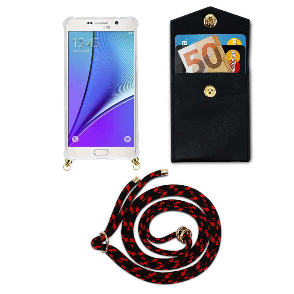 Smartphone in custodia, porta carte nero con banconota da 50 euro e cordino.