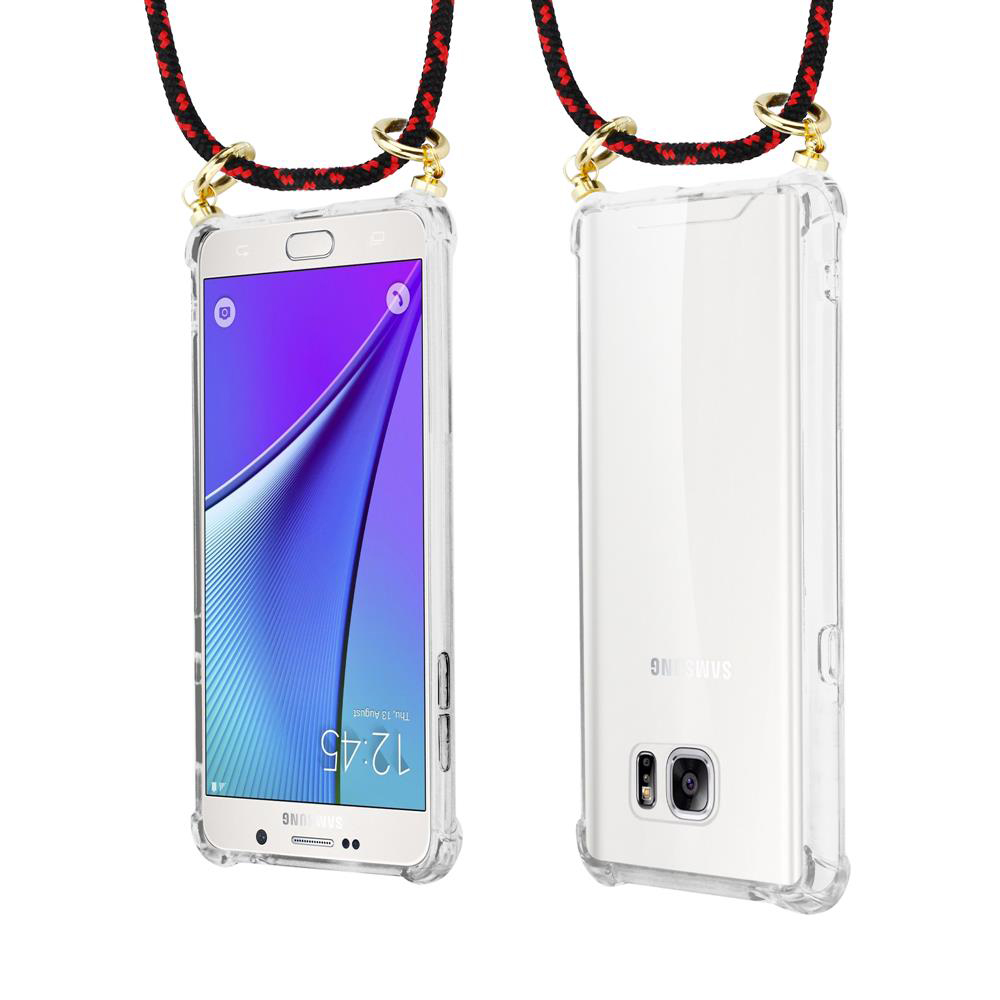 Uno smartphone in custodia trasparente con cordino mostrato fronte e retro.
