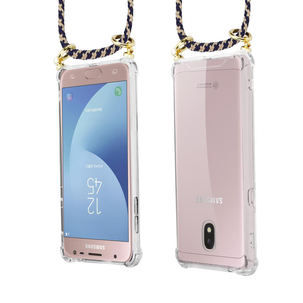 Telefono Samsung rosa in custodia trasparente con laccetto, vista frontale e posteriore.