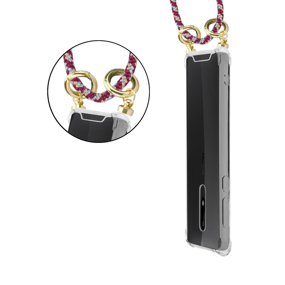 Transparentes Handyhülle mit einem Lanyard aus bordeauxrotem und weißem Seil mit Goldringen.