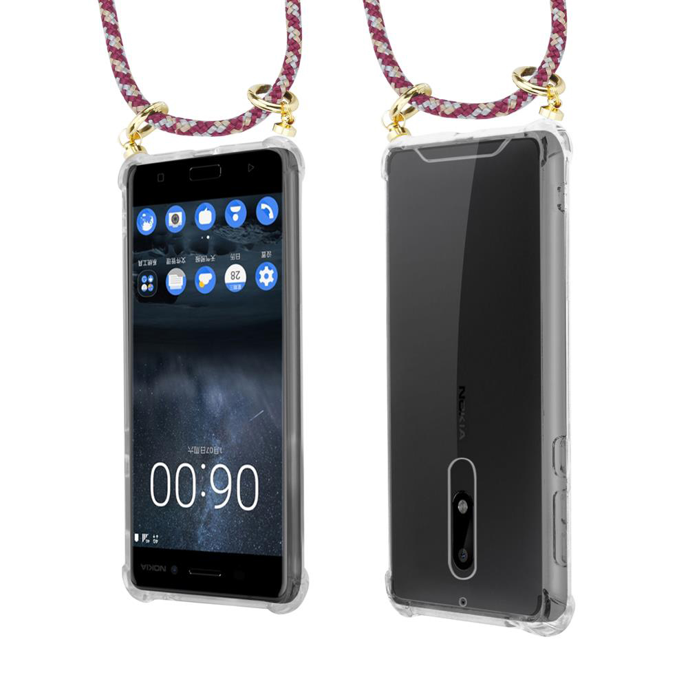 Ein Smartphone in einer transparenten Hülle mit einer Kordel. Vorder- und Rückansicht.