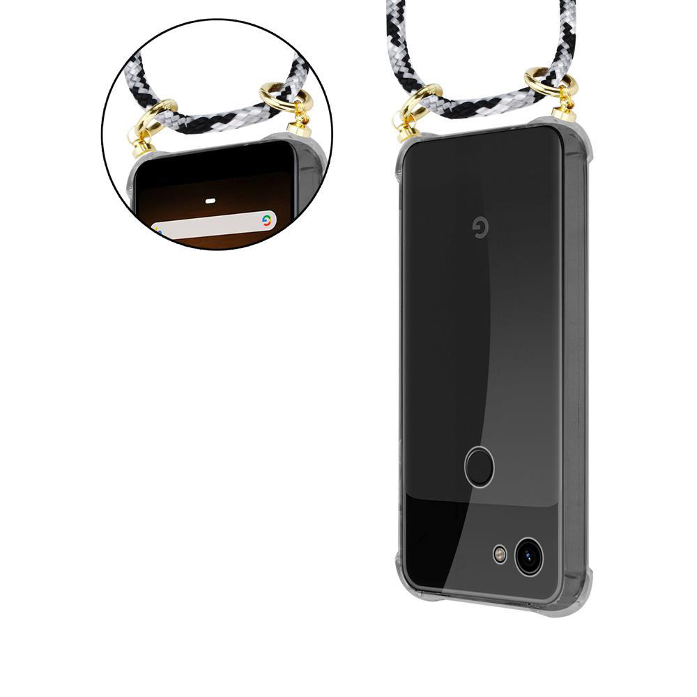 Ein Smartphone mit schwarzem und weißem Lanyard, das an einer Hülle befestigt ist.