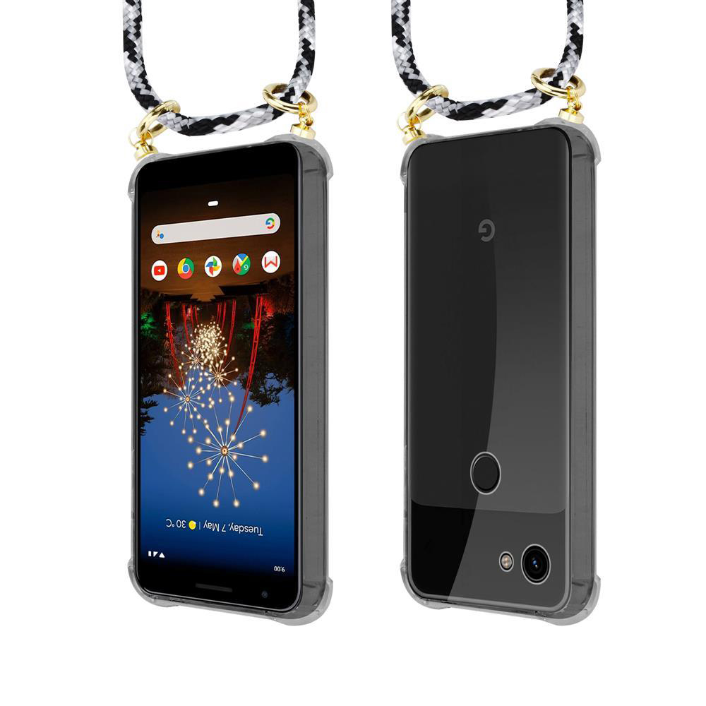 Zwei Smartphones mit Trageschlaufe, Vorder- und Rückansicht, transparente Hülle.