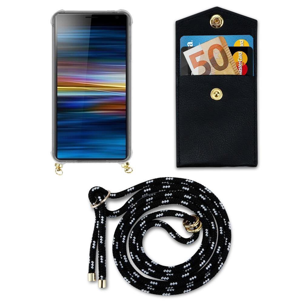 Smartphone mit schwarzer Hülle, Portemonnaie mit Geld und Karten, schwarze Kordel.